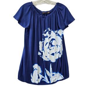 The Limited Blue Floral Shirt Short Flutter Sleeves Stretch Scoop Neck Women's M